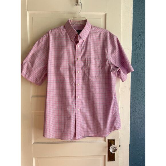 Jos. A. Size Large Short Sleeve Button Front Pink & Blue Plaid Shirt - Picture 1 of 4